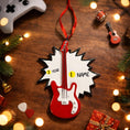 Load image into Gallery viewer, Red guitar-shaped ornament with customizable text on a wooden surface with festive decorations.