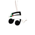 Load image into Gallery viewer, Personalized music note ornament featuring a classic black and white musical note design with subtle holiday accents. Customizable with one name and a year. Crafted from resin with detailed 3D raised front elements and a flat 2D back for balanced hanging. Finished with a glossy surface and satin ribbon. Designed for musicians music students and music themed Christmas tree decor.