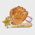 Load image into Gallery viewer, Personalized baseball glove Christmas ornament featuring a tan baseball glove with stitched details, customizable name area on the glove, customizable year star, and customizable text on the baseball bat, glossy finish with raised 3D front details and flat 2D back, white satin hanging ribbon, displayed on a snowy baseball field themed holiday background with baseballs and pine branches.