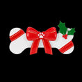 Load image into Gallery viewer, Festive pet themed Christmas ornament designed in a bone shape with a red holiday bow and paw detail. Featuring classic Christmas colors and a warm seasonal background, this ornament adds a joyful and loving touch to pet themed Christmas tree decor. Designed to be personalized with a name and year, making it a meaningful keepsake for pet owners and animal lovers.