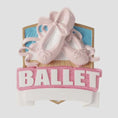 Load image into Gallery viewer, Personalized ballet Christmas ornament featuring soft pink ballet shoes with delicate ribbon details and a glittered ballet banner, customizable name area on the lower front ribbon and customizable year area beside the name, glossy finish with raised 3D front elements and flat 2D back, white hanging ribbon, displayed on a warm snowy holiday background with festive greenery ornaments and cozy Christmas decor.