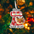 Load image into Gallery viewer, Personalized baking ornament featuring a festive red stand mixer design with snowflake details and a cute reindeer bowl accent. Finished with a smooth glossy surface and holiday inspired colors. Includes free handwritten personalization with one name and year displayed on the mixer. Designed with a raised 3D front and flat back for easy hanging. Styled in a cozy Christmas setting with snow greenery and ornaments, perfect for bakers home cooks and holiday keepsakes.