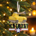 Load image into Gallery viewer, A resin Army tank ornament in bold yellow features a cartoon style military tank with detailed black tracks and raised cannon, camouflage green ARMY lettering across the front, a star accent and American flag inspired base, surrounded by snow texture and festive holiday elements, with handwritten personalization showing one name on the left banner and the year on the right banner, designed as a mostly 2D ornament with raised 3D details on the front only for lightweight Christmas tree decor.