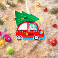 Load image into Gallery viewer, Festive cat themed Christmas ornament featuring a cheerful kitty riding in a red car with a decorated Christmas tree on top. Designed with playful holiday colors and a joyful winter atmosphere, this ornament adds a fun and cozy touch to any Christmas tree. Includes personalization options for name and year, making it a unique keepsake for cat lovers and pet themed holiday decor.