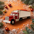 Load image into Gallery viewer, Red semi truck ornament featuring a classic delivery truck design with a glossy red cab and white trailer. The ornament includes free handwritten personalization with a name and year, making it a meaningful keepsake for truck drivers, transportation families, and kids who love big trucks. Clean front facing design with smooth resin finish, perfect for Christmas tree decor and holiday displays.