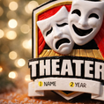 Load image into Gallery viewer, Personalized theater ornament featuring classic comedy and tragedy drama masks on a stage design. Custom name and year handwritten on the front banner. High detail 3D resin ornament with black hanging ribbon. Ideal Christmas tree decoration for theater lovers actors actresses drama students and stage performers. A meaningful keepsake celebrating passion for theater and performing arts.