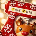 Load image into Gallery viewer, Personalized baking ornament featuring a festive red stand mixer design with snowflake details and a cute reindeer bowl accent. Finished with a smooth glossy surface and holiday inspired colors. Includes free handwritten personalization with one name and year displayed on the mixer. Designed with a raised 3D front and flat back for easy hanging. Styled in a cozy Christmas setting with snow greenery and ornaments, perfect for bakers home cooks and holiday keepsakes.