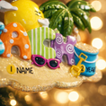 Load image into Gallery viewer, Personalized beach vacation ornament featuring colorful summer themed letters spelling BEACH with playful details including sunglasses palm tree sun umbrella beach ball and sand bucket. Designed with a smooth glossy finish and a raised 3D front with a flat back for easy hanging. Includes free handwritten personalization with one name and year on the sandy base. Styled on a bright beach inspired background with warm light reflections creating a fun tropical holiday vibe. Perfect for Christmas tree decor summ