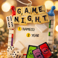 Load image into Gallery viewer, Personalized game night ornament featuring a playful board game inspired design with dice tiles and colorful game pieces. Includes free handwritten personalization with name or names and year displayed on the front. Designed with a raised 3D front and flat back for easy hanging. Perfect for board game lovers family game nights and Christmas tree decor. A fun keepsake gift for friends couples and families who love game nights.