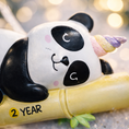 Load image into Gallery viewer, Fully 3D personalized unicorn panda Christmas ornament featuring a sleeping panda resting on a bamboo branch with a pastel unicorn horn. This ornament has a fully sculpted three dimensional front and back with no flat surfaces, creating a playful and premium look. Custom name and year are added by hand. Perfect for kids, panda lovers, unicorn fans, and whimsical holiday decor. A unique 3D keepsake for Christmas trees and seasonal displays.
