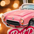 Load image into Gallery viewer, Personalized pink convertible car Christmas ornament with custom name detail and “Best Day Ever” text. This retro style pink car holiday ornament features raised 3D front details and a lightweight flat back design, perfect for Christmas tree décor. A fun keepsake gift for girls, car lovers, birthdays, graduations, or celebrating a special milestone during the holiday season.
