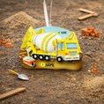 Load image into Gallery viewer, Personalized concrete mixer truck ornament for kids. Bright yellow cement truck Christmas decoration with custom name and year. Fun construction theme holiday decor for boys who love trucks, building toys, machinery and vehicles.