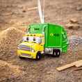Load image into Gallery viewer, Cute personalized garbage truck ornament in green and yellow with animated truck face. Custom name and year option for kids who love trucks, garbage trucks, city vehicles and recycling themes. Perfect holiday tree decor for boys and toddlers obsessed with trucks. Bright colors, fun design, and adorable Christmas keepsake.