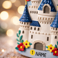 Load image into Gallery viewer, Personalized Princess Castle Christmas Ornament featuring a charming white fairytale castle with blue rooftops and red flags, surrounded by colorful floral details. Customizable with name at the base and year on the castle front, this magical princess castle ornament is perfect for celebrating a special little girl.