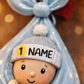 Load image into Gallery viewer, Personalized baby first Christmas ornament with custom name and year, blue swaddle newborn keepsake holiday decoration