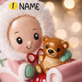 Load image into Gallery viewer, Personalized baby first Christmas ornament featuring a sweet baby sitting in a pastel pink sleigh holding a teddy bear. Handwritten baby name and year or Baby’s First Christmas text shown on the sleigh. Smooth resin finish with soft pastel tones, lightweight structure, mostly 2D ornament with raised 3D front details, designed for baby nursery themed Christmas tree decor and keepsake gifting.