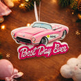 Load image into Gallery viewer, Personalized pink convertible car Christmas ornament with custom name detail and “Best Day Ever” text. This retro style pink car holiday ornament features raised 3D front details and a lightweight flat back design, perfect for Christmas tree décor. A fun keepsake gift for girls, car lovers, birthdays, graduations, or celebrating a special milestone during the holiday season.