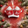 Load image into Gallery viewer, Romantic Mr and Mrs Christmas ornament featuring cozy hot cocoa cups design symbolizing love and togetherness. A perfect keepsake for newlyweds couples celebrating their first Christmas married. Ideal wedding gift holiday decor and meaningful seasonal ornament.