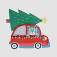 Load image into Gallery viewer, Festive cat themed Christmas ornament featuring a cheerful kitty riding in a red car with a decorated Christmas tree on top. Designed with playful holiday colors and a joyful winter atmosphere, this ornament adds a fun and cozy touch to any Christmas tree. Includes personalization options for name and year, making it a unique keepsake for cat lovers and pet themed holiday decor.