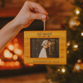 Load image into Gallery viewer, Personalized just married photo frame ornament featuring a rustic yellow frame design. A romantic keepsake for newlyweds couples celebrating their first Christmas married or Valentine’s Day. Perfect wedding gift engagement decor and meaningful holiday ornament.