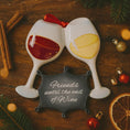 Load image into Gallery viewer, Decorative wine glass ornament with 'Friends until the end of Wine' text on a wooden surface with Christmas decorations.