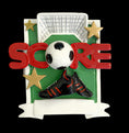 Load image into Gallery viewer, Soccer-themed ornament with 'Score' text, soccer ball, and cleats on a black background.