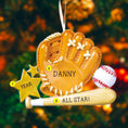 Load image into Gallery viewer, Personalized baseball glove Christmas ornament featuring a tan baseball glove with stitched details, customizable name area on the glove, customizable year star, and customizable text on the baseball bat, glossy finish with raised 3D front details and flat 2D back, white satin hanging ribbon, displayed on a snowy baseball field themed holiday background with baseballs and pine branches.