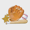Load image into Gallery viewer, Personalized baseball glove Christmas ornament featuring a tan baseball glove with stitched details, customizable name area on the glove, customizable year star, and customizable text on the baseball bat, glossy finish with raised 3D front details and flat 2D back, white satin hanging ribbon, displayed on a snowy baseball field themed holiday background with baseballs and pine branches.
