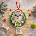 Load image into Gallery viewer, Dog-shaped Christmas ornament with customizable text on a festive background
