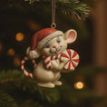 Load image into Gallery viewer, Christmas ornament of a mouse with a Santa hat and candy canes on a tree.