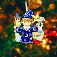 Load image into Gallery viewer, A cute blue-robed wizard boy Christmas ornament featuring a magic wand, star, open book and owl, perfect for kids. Personalized with name and year. Ideal holiday tree decoration for little wizard fans and magical Christmas gifts.