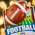 Load image into Gallery viewer, Personalized football Christmas ornament featuring a brown football with stitched details on a shield style background and goalpost design, customizable name area on the front banner and customizable year area on the football, glossy finish with raised 3D front details and flat 2D back, white hanging ribbon, displayed on a snowy football field themed holiday background with pine branches and festive decorations.