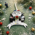 Load image into Gallery viewer, Personalized police car Christmas ornament featuring a black and white cop car design with BUSTED text, police lights and festive wreath detail. Customized with a name and year on the front banner. Glossy resin finish with bold black and white colors creates a fun and playful holiday look. Mostly 2D ornament with raised 3D details on the front only, lightweight and perfect for Christmas tree decor and police themed gifts.