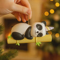Load image into Gallery viewer, Fully 3D personalized unicorn panda Christmas ornament featuring a sleeping panda resting on a bamboo branch with a pastel unicorn horn. This ornament has a fully sculpted three dimensional front and back with no flat surfaces, creating a playful and premium look. Custom name and year are added by hand. Perfect for kids, panda lovers, unicorn fans, and whimsical holiday decor. A unique 3D keepsake for Christmas trees and seasonal displays.