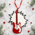 Load image into Gallery viewer, Red electric guitar ornament on a snowy background with Christmas decorations