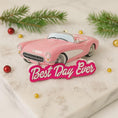 Load image into Gallery viewer, Personalized pink convertible car Christmas ornament with custom name detail and “Best Day Ever” text. This retro style pink car holiday ornament features raised 3D front details and a lightweight flat back design, perfect for Christmas tree décor. A fun keepsake gift for girls, car lovers, birthdays, graduations, or celebrating a special milestone during the holiday season.