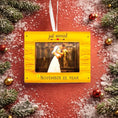 Load image into Gallery viewer, Personalized just married photo frame ornament featuring a rustic yellow frame design. A romantic keepsake for newlyweds couples celebrating their first Christmas married or Valentine’s Day. Perfect wedding gift engagement decor and meaningful holiday ornament.