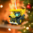 Load image into Gallery viewer, dump truck ornament with customizable name on a Christmas tree background