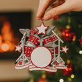 Load image into Gallery viewer, Personalized drum set ornament featuring a detailed red and silver drum kit with cymbals and star accents. Customizable with one name and a year. Crafted from resin with a glossy finish, featuring 3D raised front drum elements and a flat 2D back for balanced hanging. Finished with a satin ribbon. Designed for drummers musicians band members and music themed Christmas tree decor.