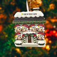 Load image into Gallery viewer, Personalized family Christmas ornament with six family members in front of a house, against a festive background.