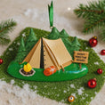 Load image into Gallery viewer, Decorative camping ornament with a tent, sign, and pine trees on a green base.