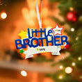 Load image into Gallery viewer, Decorative ornament for a child's 2nd birthday, with 'Little Brother' text and customizable name space, against a festive Christmas tree background.