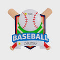 Load image into Gallery viewer, Personalized baseball Christmas ornament featuring a classic baseball and crossed bats design on a shield style background, customizable name area on the front banner and customizable year area on the baseball, glossy finish with raised 3D front details and flat 2D back, white hanging ribbon, displayed on a snowy baseball field themed holiday background with pine branches and festive decorations.