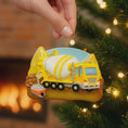 Load image into Gallery viewer, Personalized concrete mixer truck ornament for kids. Bright yellow cement truck Christmas decoration with custom name and year. Fun construction theme holiday decor for boys who love trucks, building toys, machinery and vehicles.