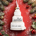 Load image into Gallery viewer, Personalized just married wedding cake ornament featuring a classic white tiered cake design with custom names and year. A timeless keepsake for newlyweds celebrating their first Christmas married wedding anniversary or Valentine’s Day.