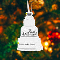 Load image into Gallery viewer, Personalized just married wedding cake ornament featuring a classic white tiered cake design with custom names and year. A timeless keepsake for newlyweds celebrating their first Christmas married wedding anniversary or Valentine’s Day.