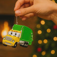 Load image into Gallery viewer, Cute personalized garbage truck ornament in green and yellow with animated truck face. Custom name and year option for kids who love trucks, garbage trucks, city vehicles and recycling themes. Perfect holiday tree decor for boys and toddlers obsessed with trucks. Bright colors, fun design, and adorable Christmas keepsake.