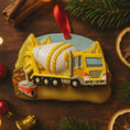 Load image into Gallery viewer, Personalized concrete mixer truck ornament for kids. Bright yellow cement truck Christmas decoration with custom name and year. Fun construction theme holiday decor for boys who love trucks, building toys, machinery and vehicles.