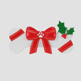 Load image into Gallery viewer, Festive pet themed Christmas ornament designed in a bone shape with a red holiday bow and paw detail. Featuring classic Christmas colors and a warm seasonal background, this ornament adds a joyful and loving touch to pet themed Christmas tree decor. Designed to be personalized with a name and year, making it a meaningful keepsake for pet owners and animal lovers.