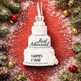 Load image into Gallery viewer, Personalized just married wedding cake ornament featuring a classic white tiered cake design with custom names and year. A timeless keepsake for newlyweds celebrating their first Christmas married wedding anniversary or Valentine’s Day.